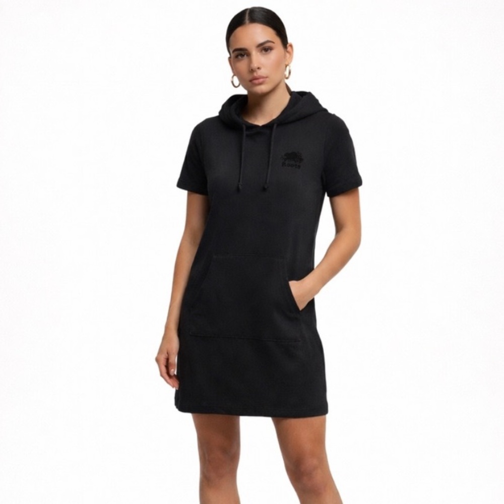 🇨🇦 ROOTS Black Hoodie Dress Beaver Logo Mini XS